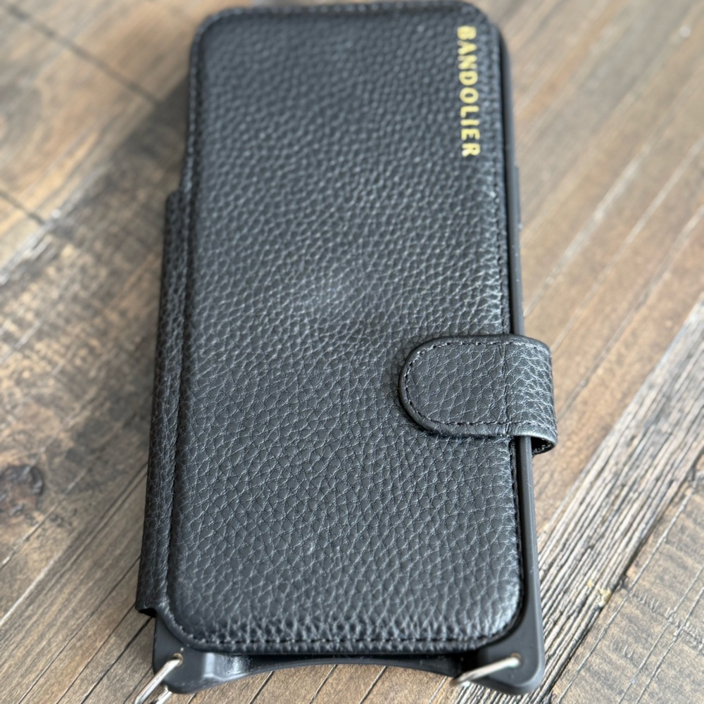 Bandolier  Black pebbled leather Phone Case with Gold Accents. Smoke free home.